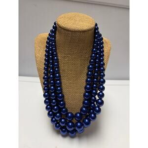 Vintage Blue Triple Strand Beaded Statement Necklace Chunky Bold